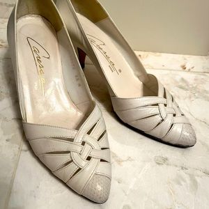 Womens Cream Leather Kitten Heels